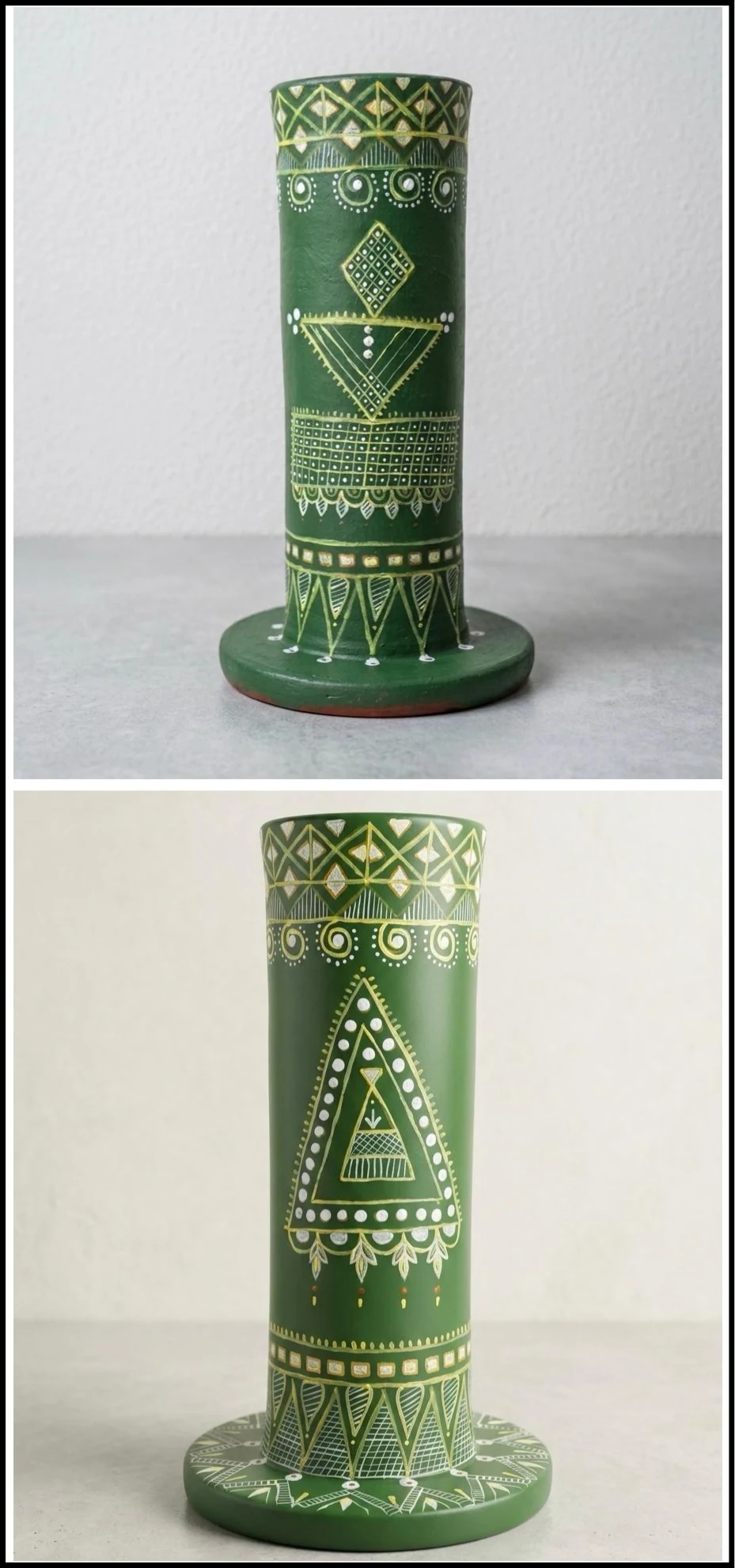 Dot-Art Painted Green Vessels