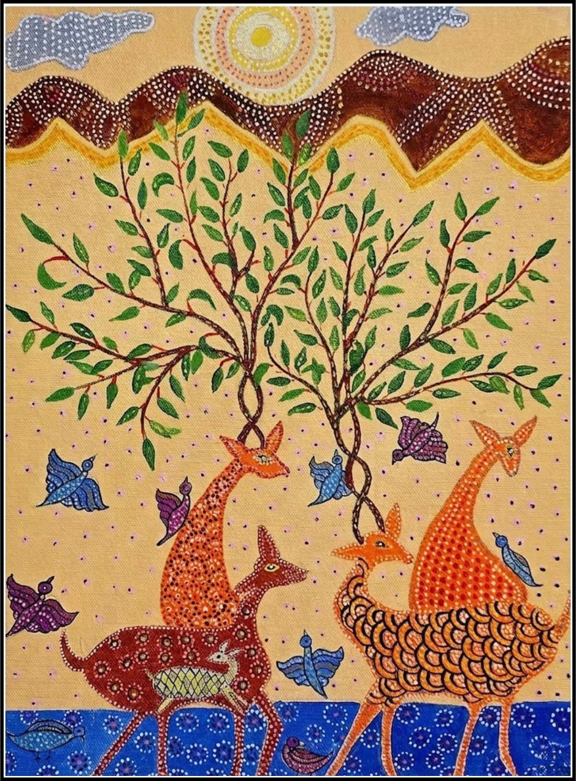 Deer & Peacock under Trees — Dot Painting