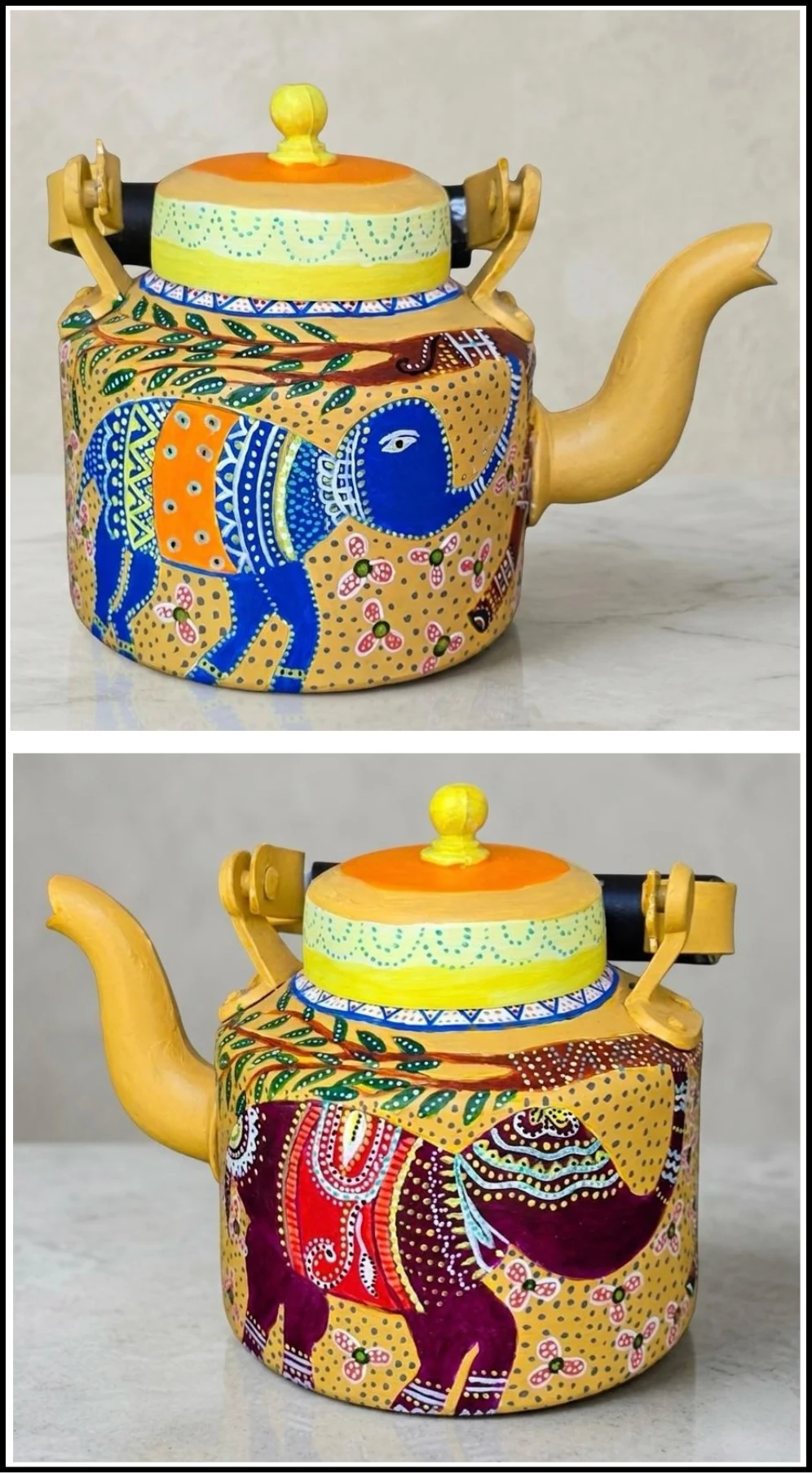 Hand-Painted Kettle — Elephant Motifs