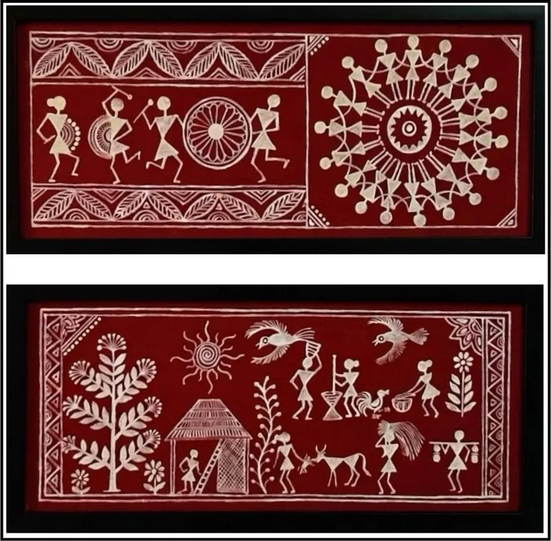 Warli Diptych — Dancers, Chakra & Village
