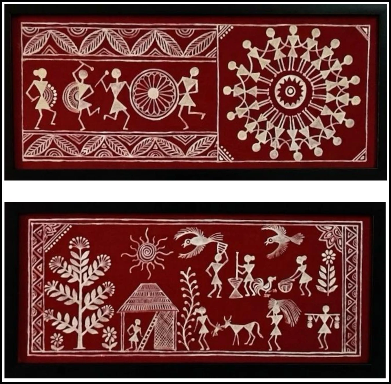 Warli Diptych — Dancers, Chakra & Village