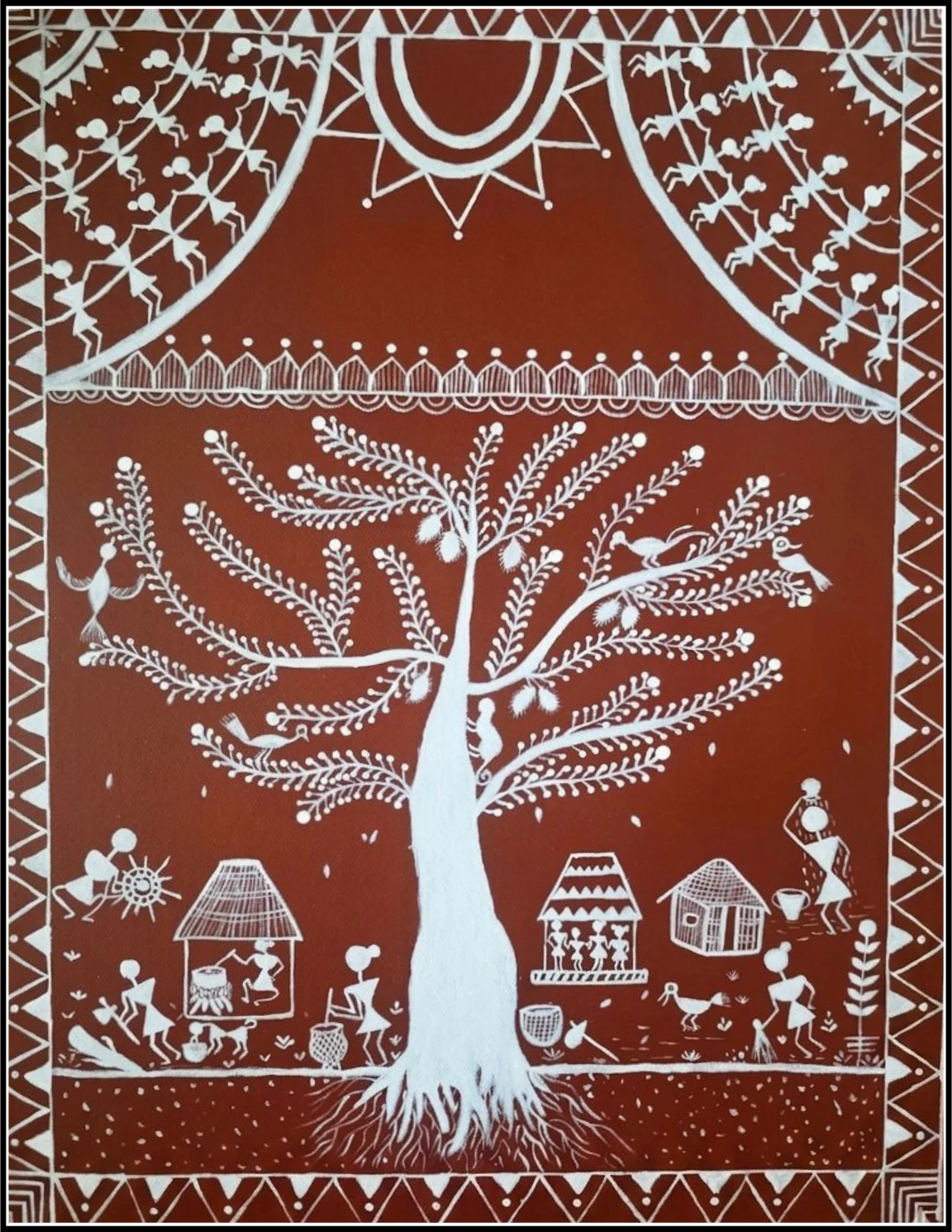 Warli — Sacred Tree with Sun & Village